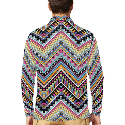 Multicolor zigzag Tribal Aztec Long Sleeve Polo Shirt For Men's
