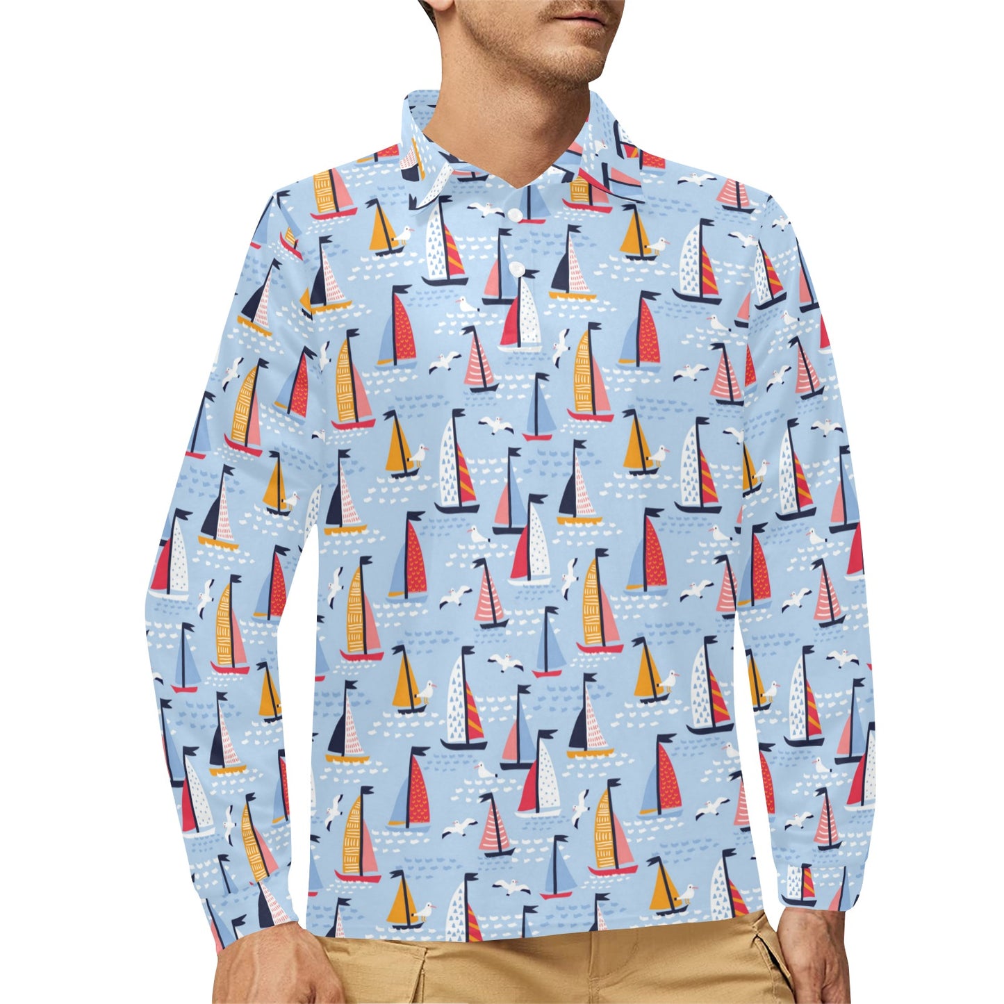 Sailboat Print Design LKS304 Long Sleeve Polo Shirt For Men's