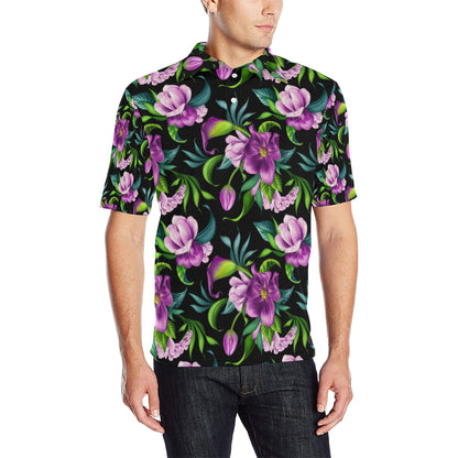 Bright Purple Floral Pattern Men Polo Shirt