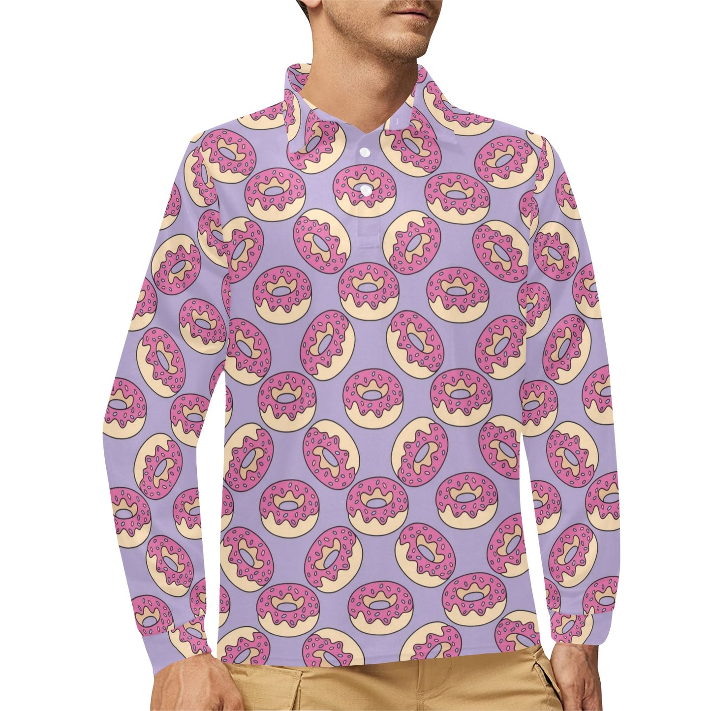 Donut Pattern Print Design DN015 Long Sleeve Polo Shirt For Men's