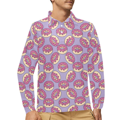 Donut Pattern Print Design DN015 Long Sleeve Polo Shirt For Men's