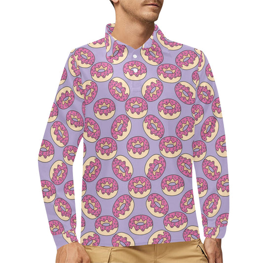 Donut Pattern Print Design DN015 Long Sleeve Polo Shirt For Men's