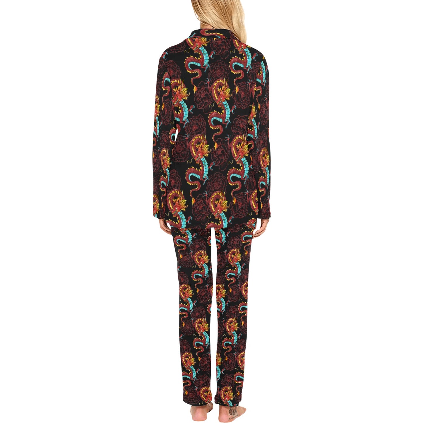 Chinese Dragons and Peonies Design Women's Long Pajama Set