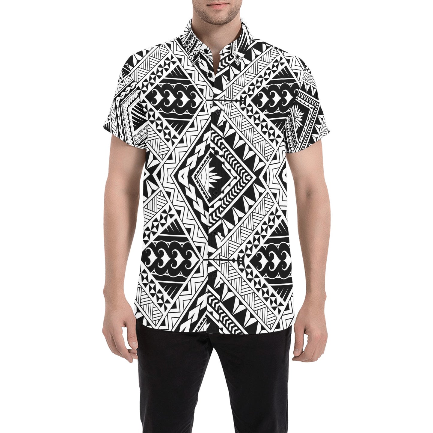 Samoan Tattoo Style Print Design LKS307 Men Short Sleeve Button Up Shirt