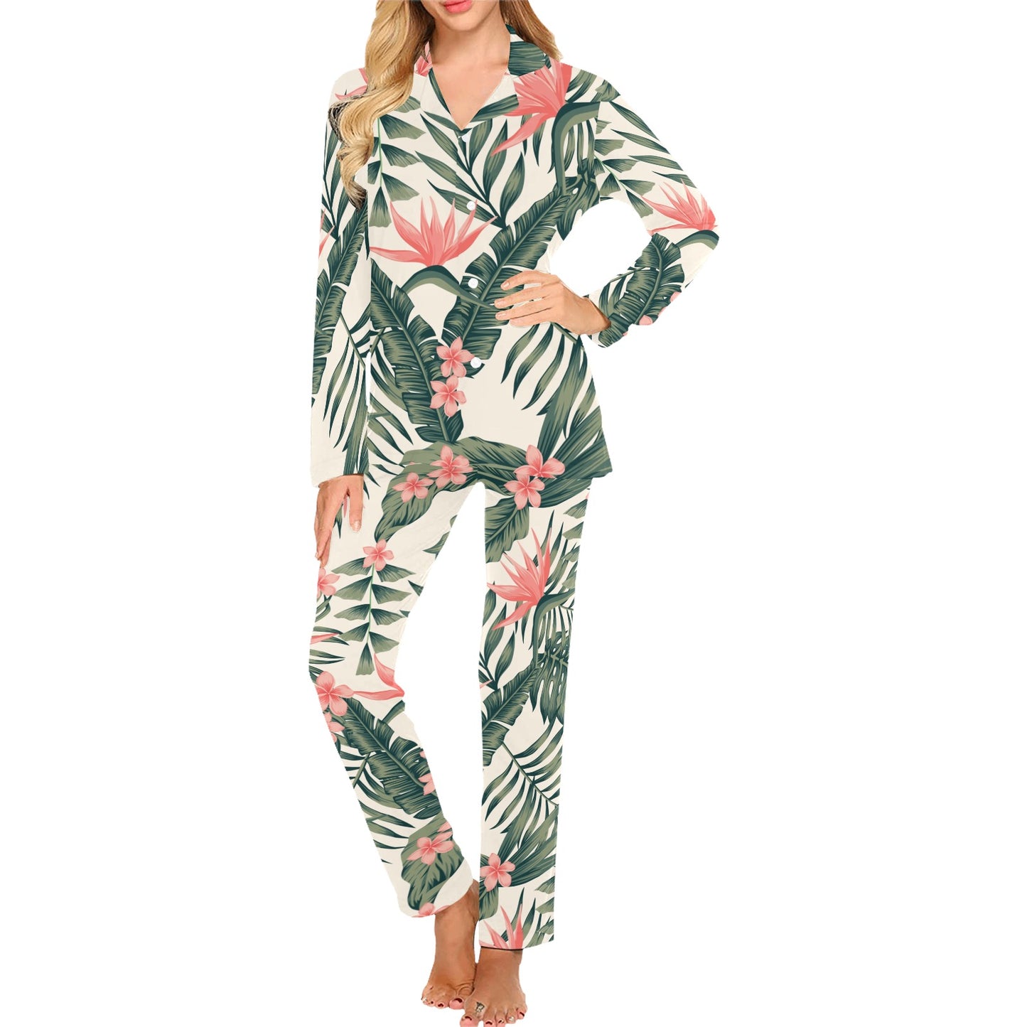 Tropical Flower Palm Leaves Women's Long Pajama Set