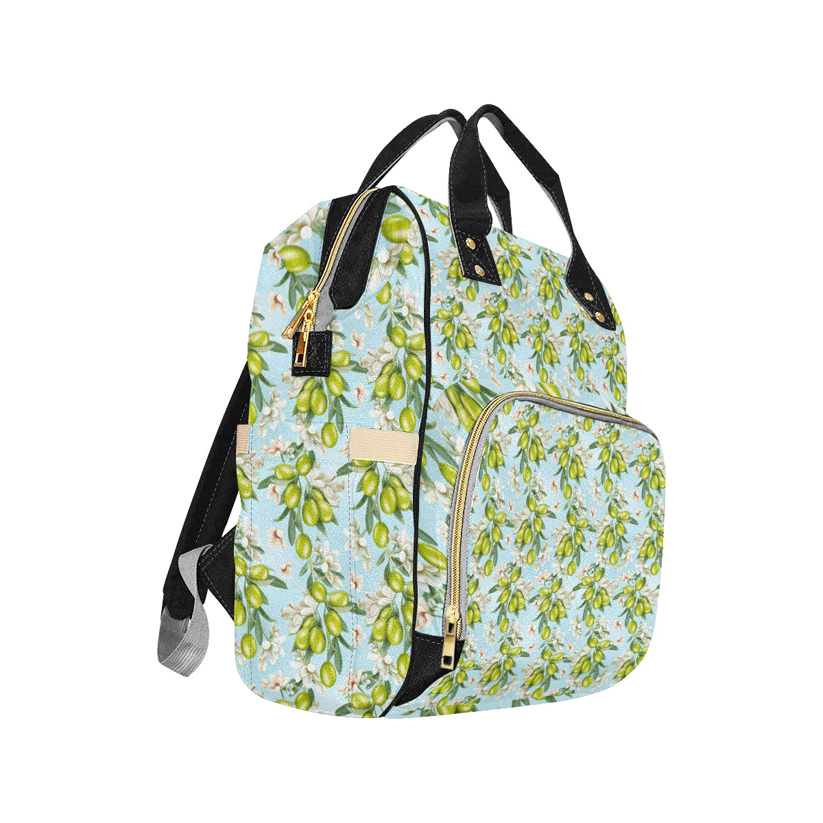 Elegant Olive Floral Print Diaper Bag Backpack