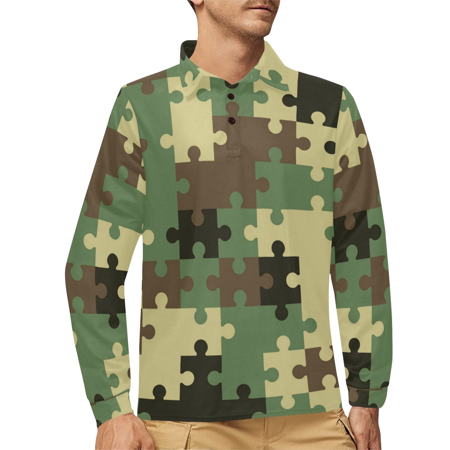 Puzzle Camo Pattern Print Design A03 Long Sleeve Polo Shirt For Men's