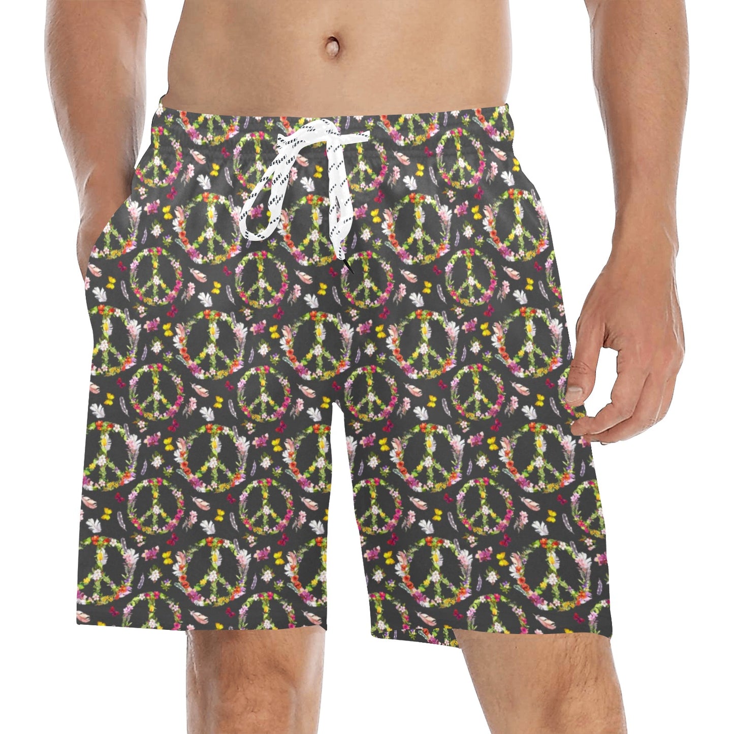 Peace Sign flowers Design Print Men's Swim Trunks Beach Shorts