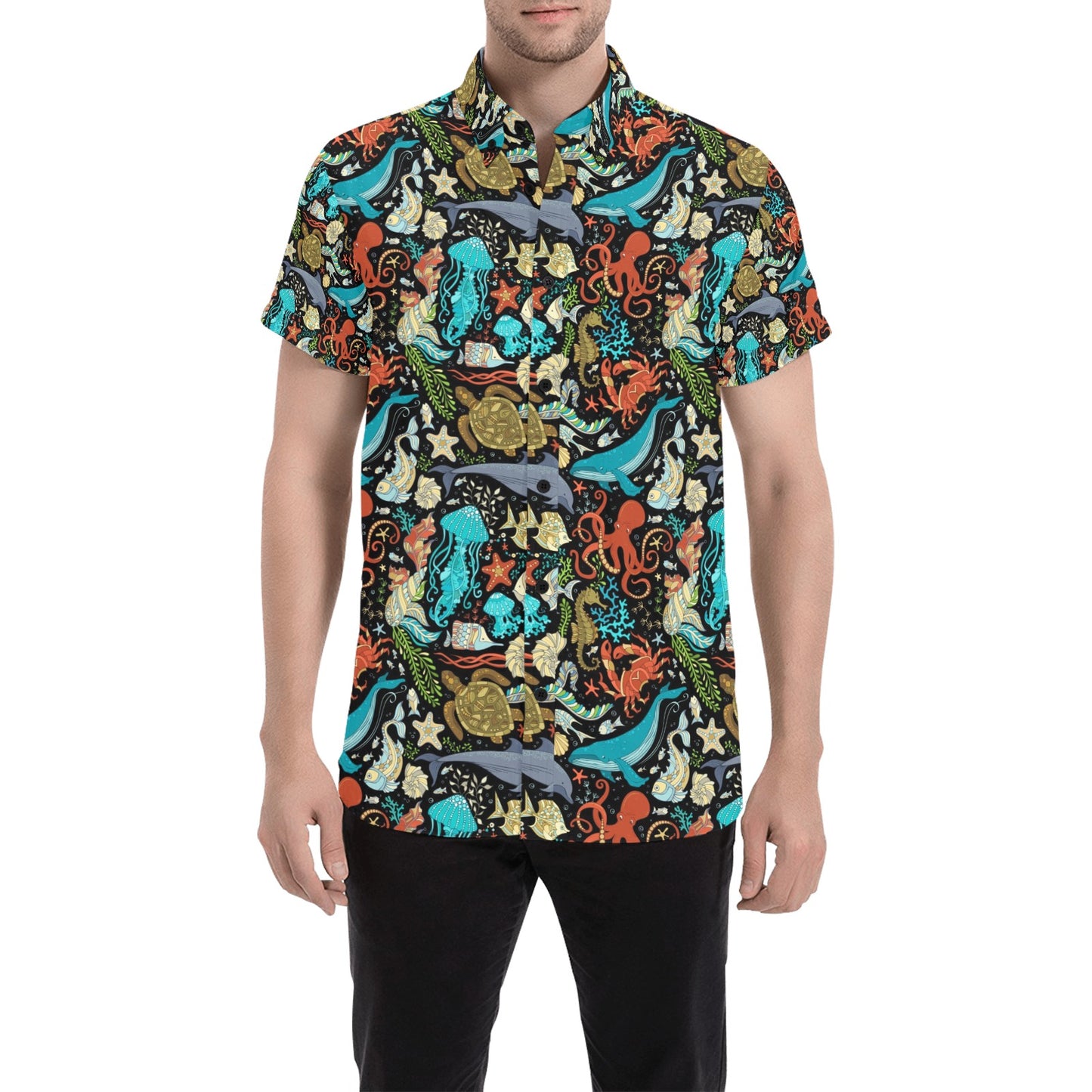 Underwater Animal Print Design LKS301 Men Short Sleeve Button Up Shirt