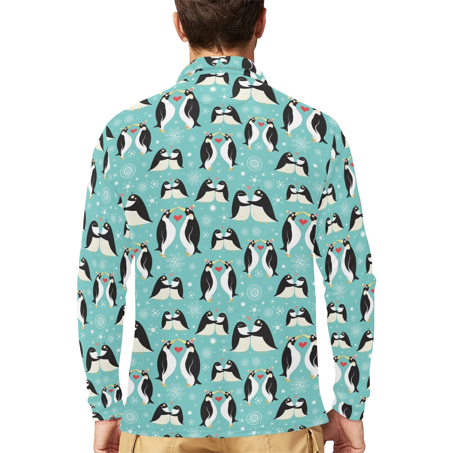 Penguin Love Print Long Sleeve Polo Shirt For Men's