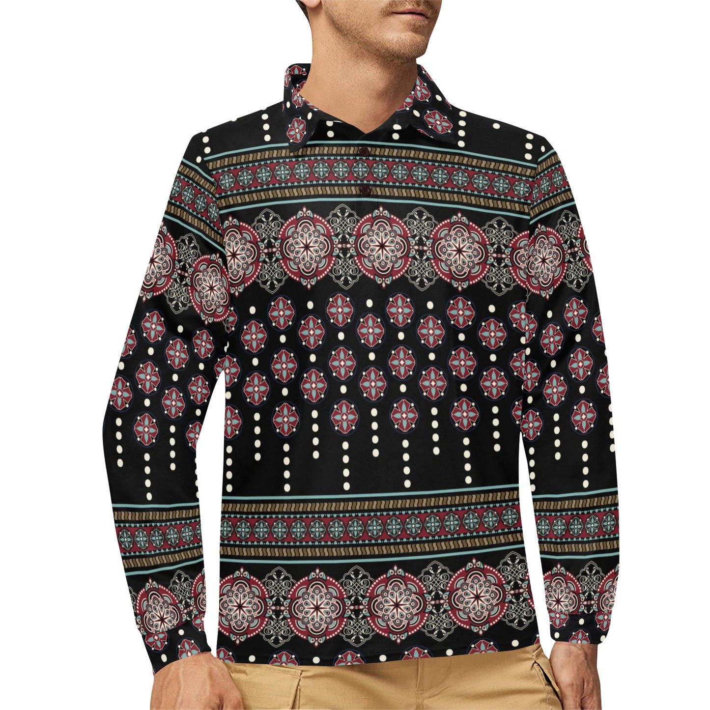 Ethnic Dot Style Print Pattern Long Sleeve Polo Shirt For Men's