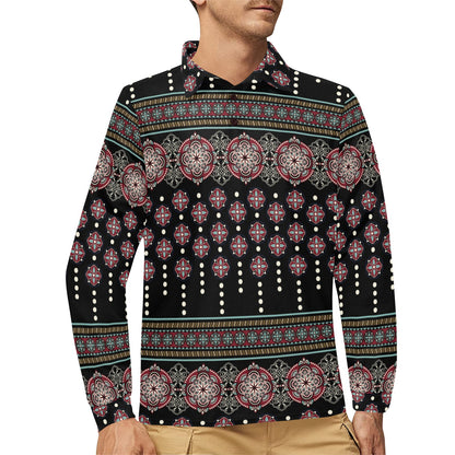 Ethnic Dot Style Print Pattern Long Sleeve Polo Shirt For Men's