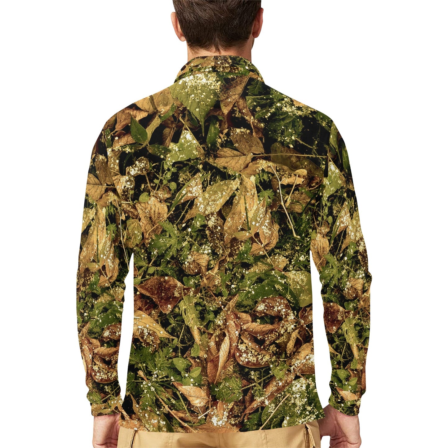 Camo Realistic Tree Forest Texture Print Long Sleeve Polo Shirt For Men's