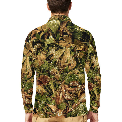Camo Realistic Tree Forest Texture Print Long Sleeve Polo Shirt For Men's