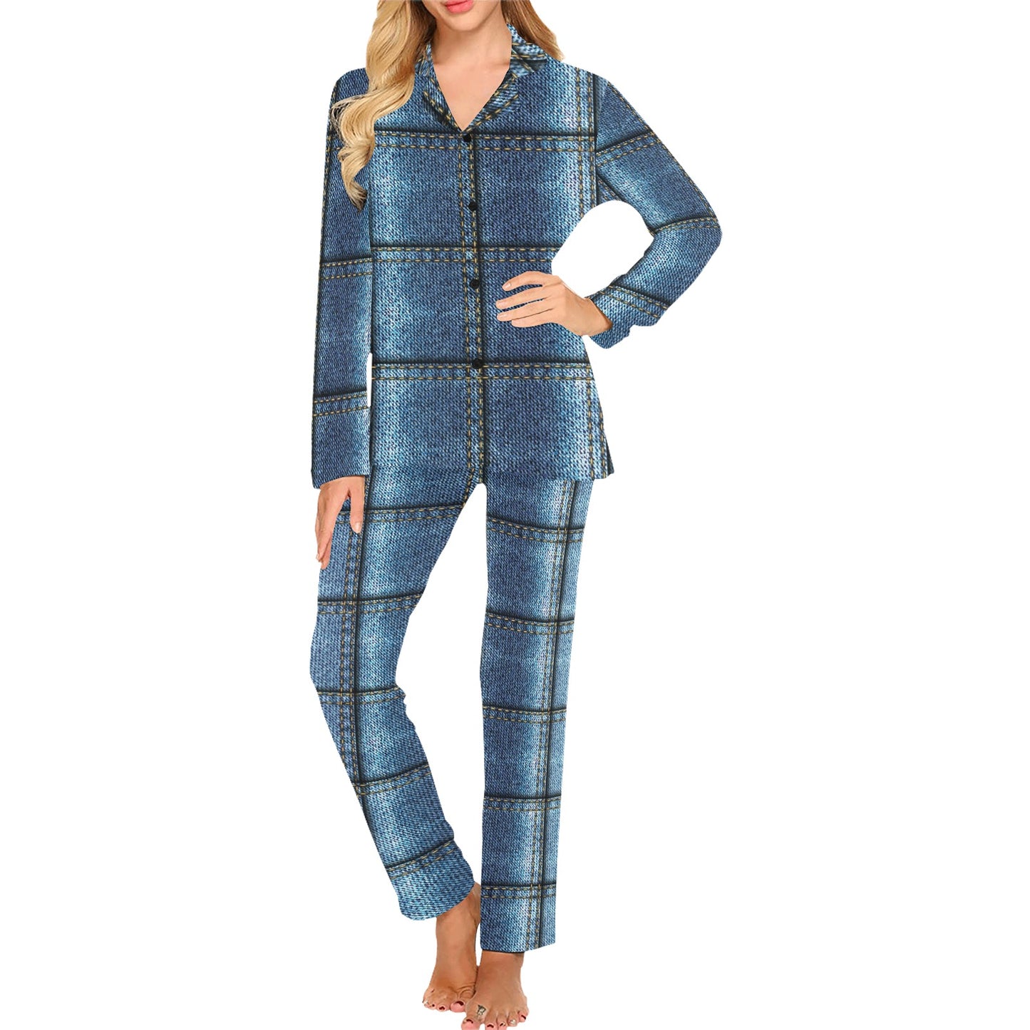 Jean Patchwork Pattern Print Design 02 Women's Long Pajama Set