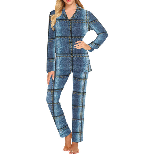 Jean Patchwork Pattern Print Design 02 Women's Long Pajama Set