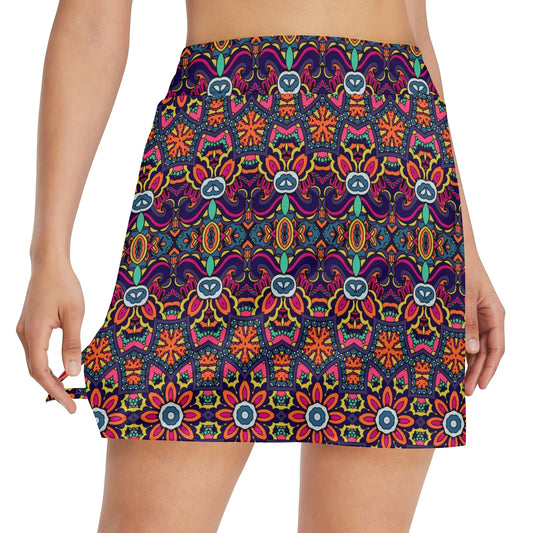 Ethnic Flower Style Print Pattern 17" Golf & Pickleball Skort with Pockets