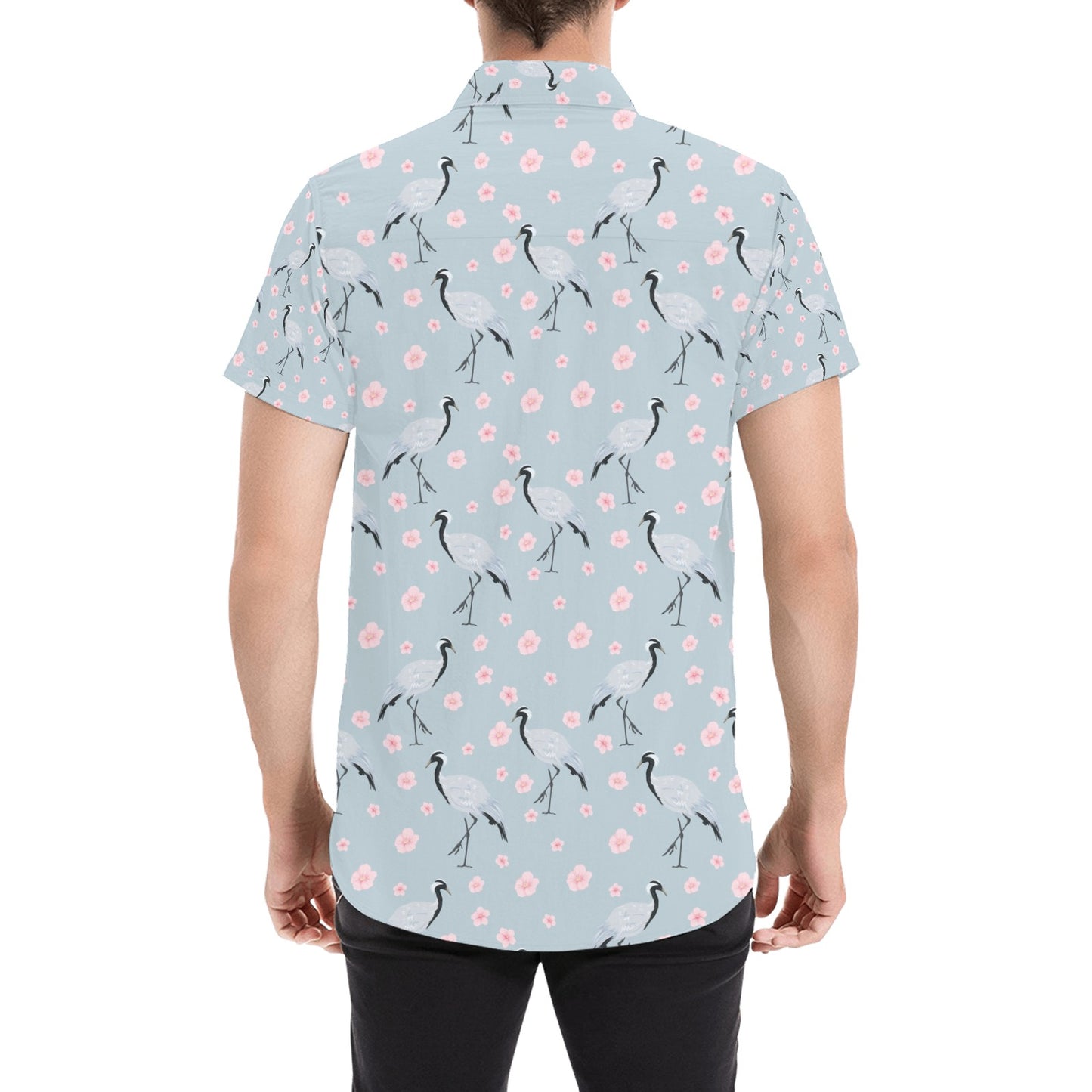 Sakura Bird Print Design LKS304 Men Short Sleeve Button Up Shirt