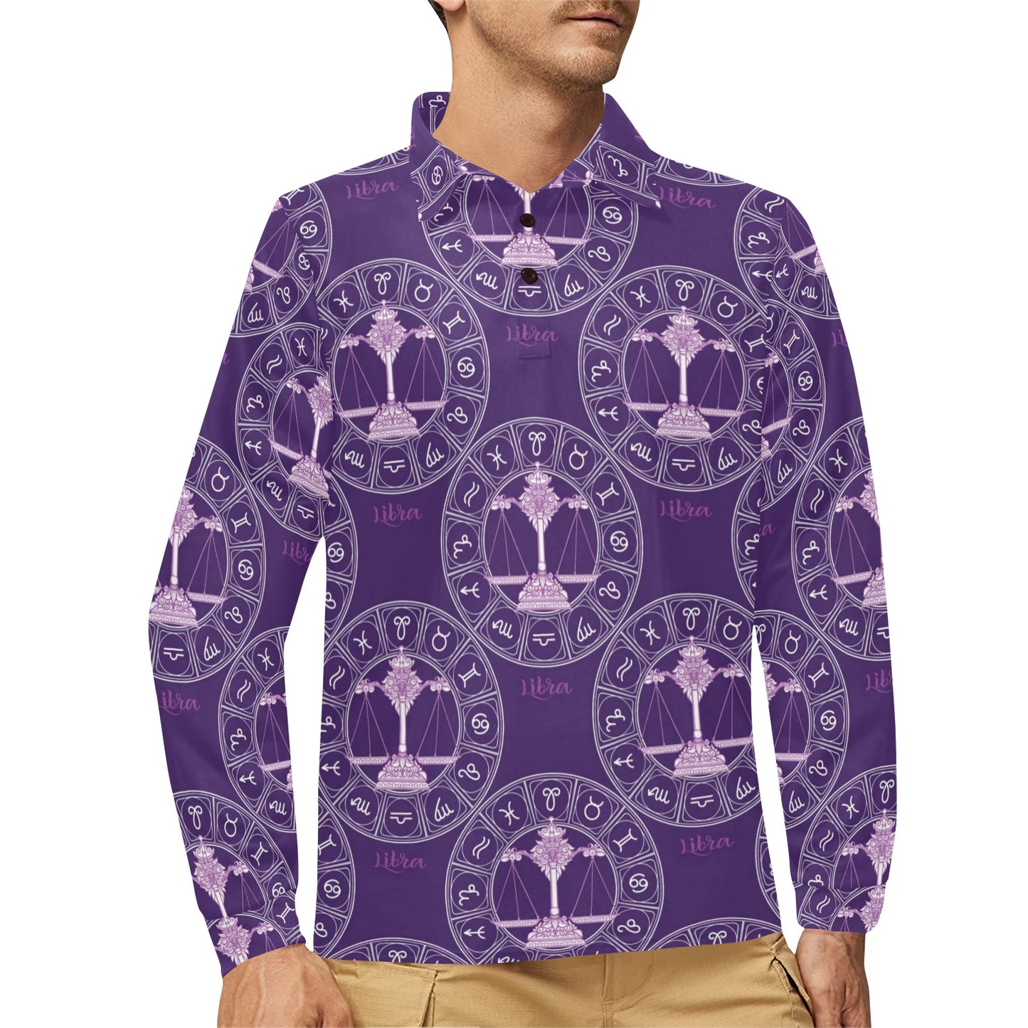Libra Pattern Print Design 03 Long Sleeve Polo Shirt For Men's