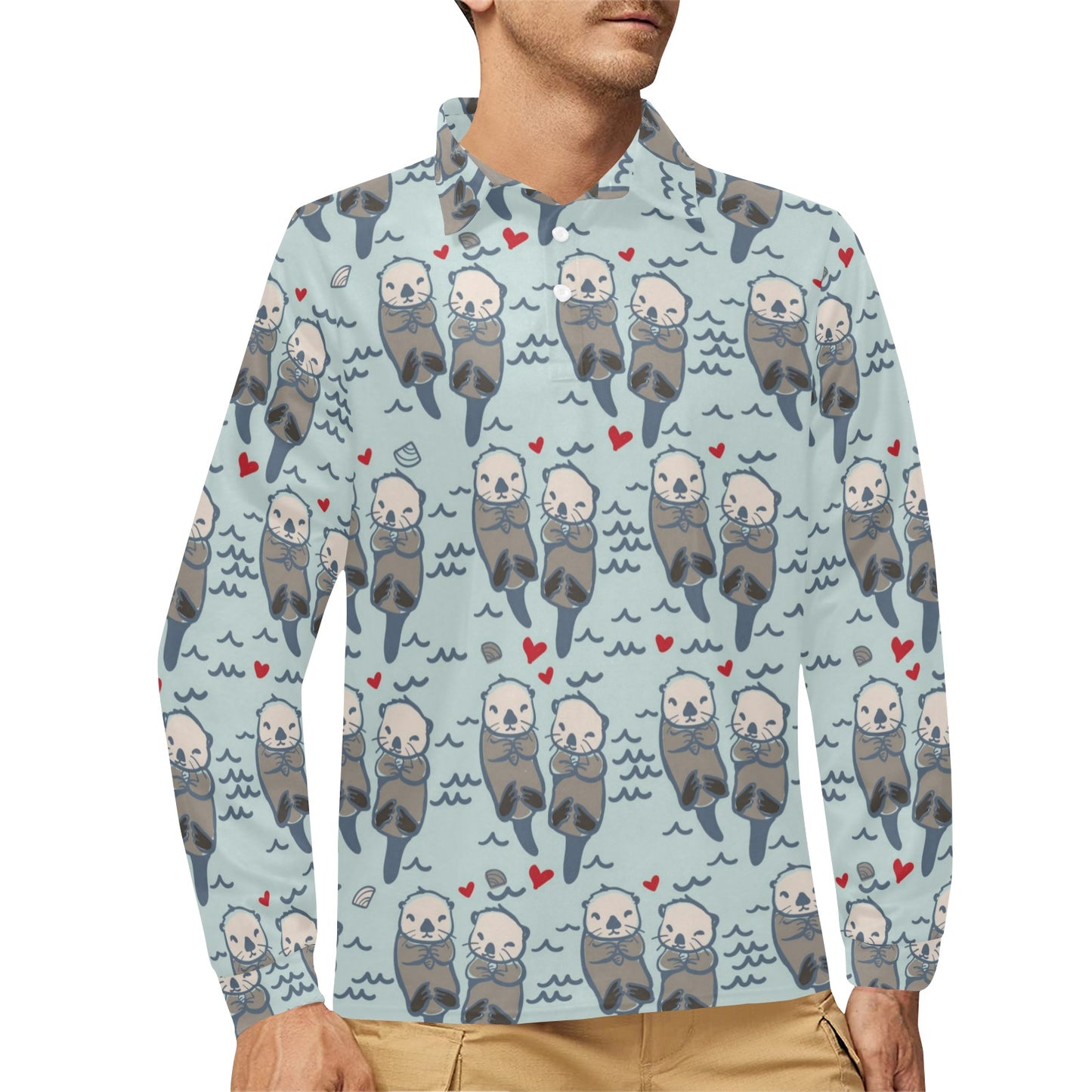 Sea Otter Pattern Print Design 03 Long Sleeve Polo Shirt For Men's