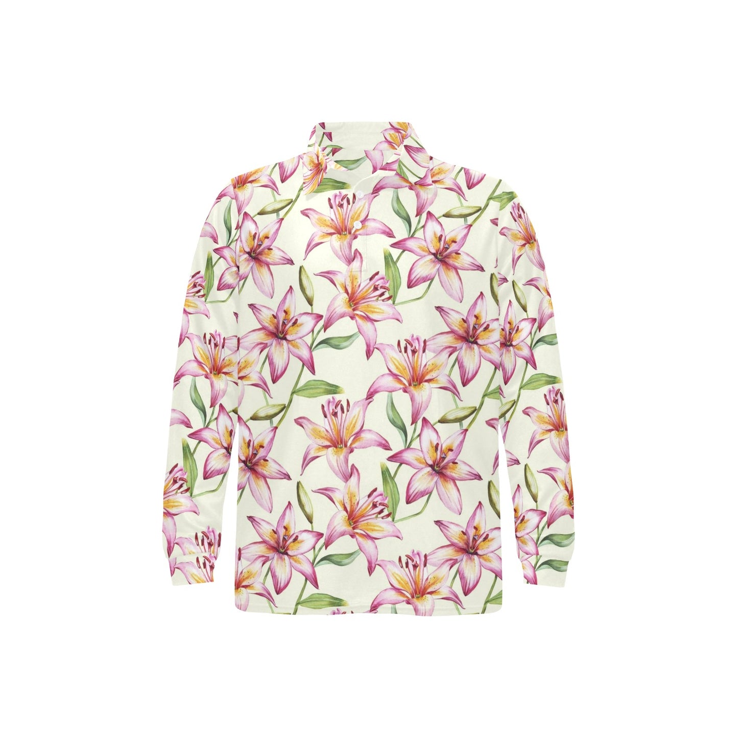 Lily Pattern Print Design LY011 Long Sleeve Polo Shirt For Men's