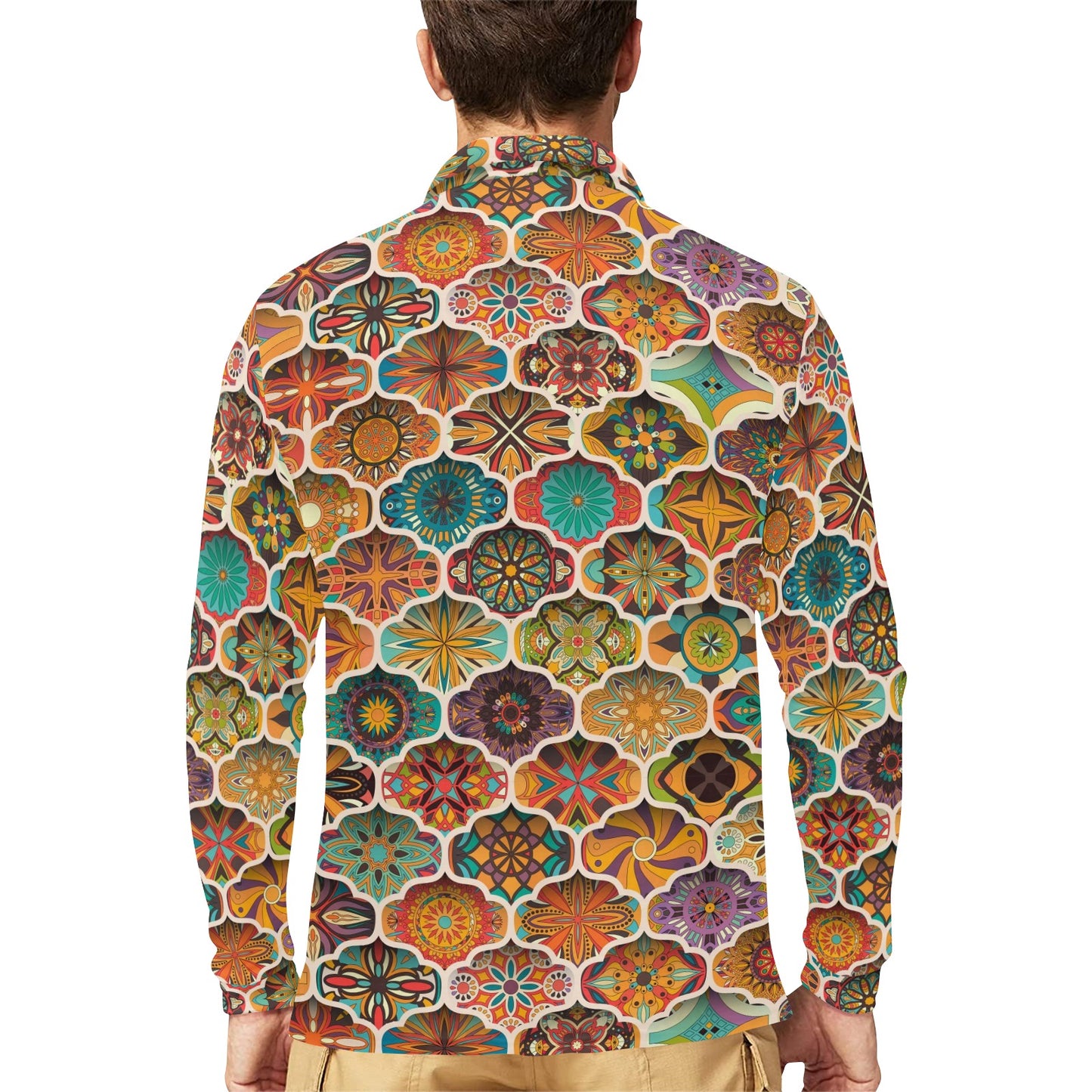 Mandala Mosaic Themed Design Print Long Sleeve Polo Shirt For Men's