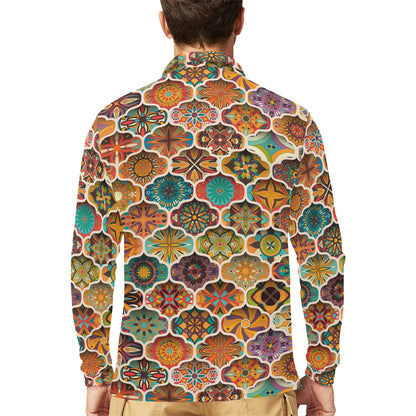 Mandala Mosaic Themed Design Print Long Sleeve Polo Shirt For Men's