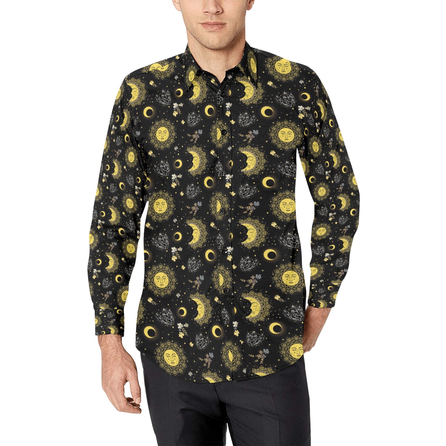 Sun Moon Print Design LKS301 Men's Long Sleeve Dress Shirt