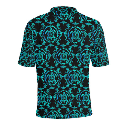 turquoise Tribal Sea Turtle Hawaiian Men Polo Shirt