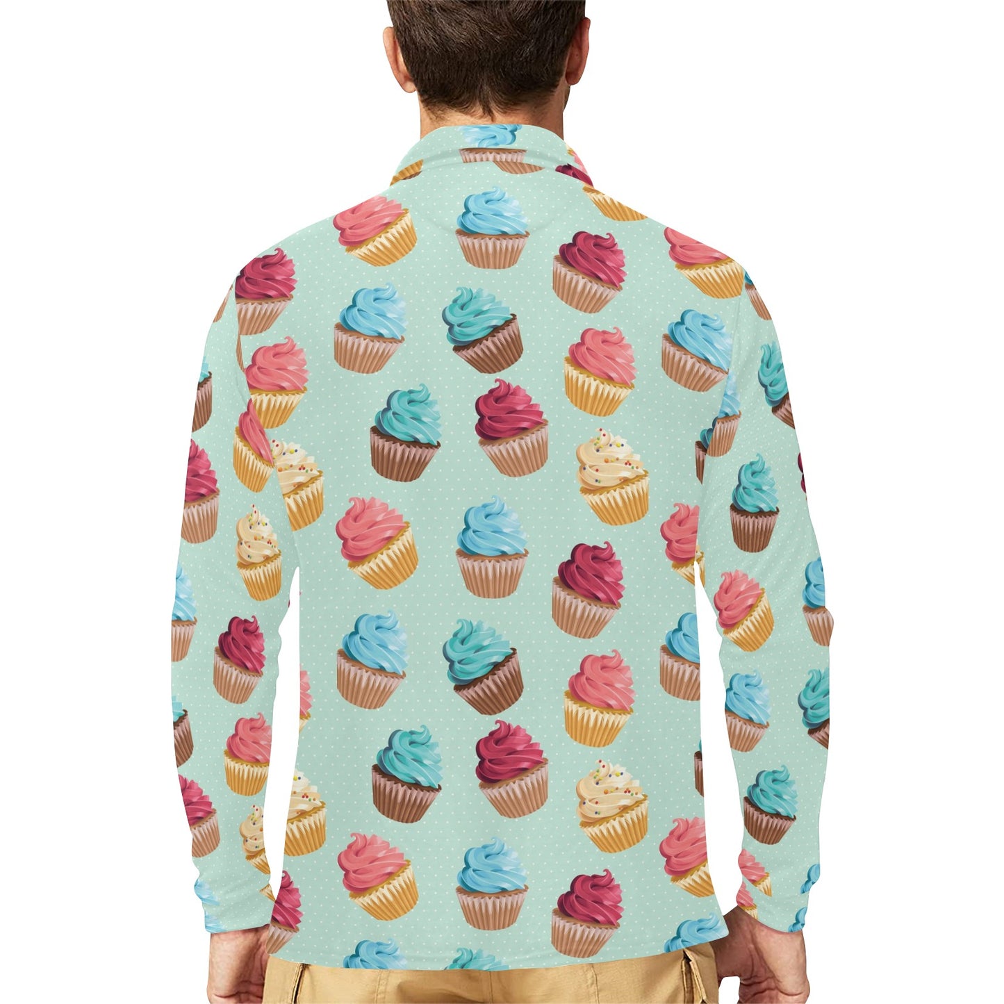Cupcake Pattern Print Design 01 Long Sleeve Polo Shirt For Men's
