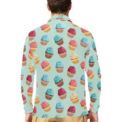 Cupcake Pattern Print Design 01 Long Sleeve Polo Shirt For Men's