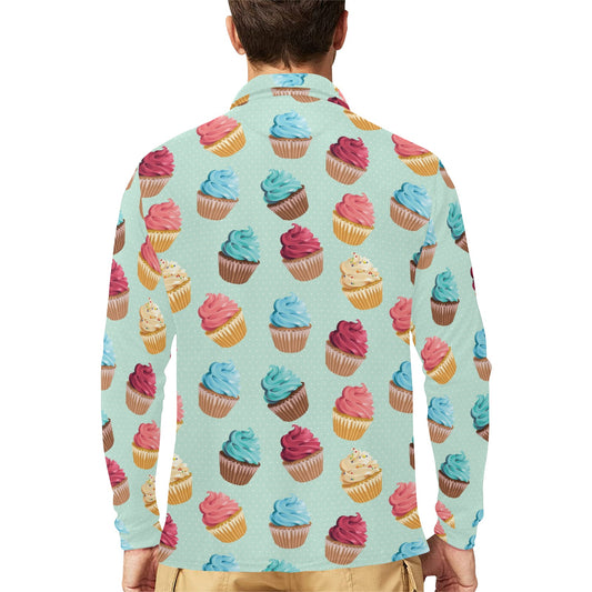 Cupcake Pattern Print Design 01 Long Sleeve Polo Shirt For Men's