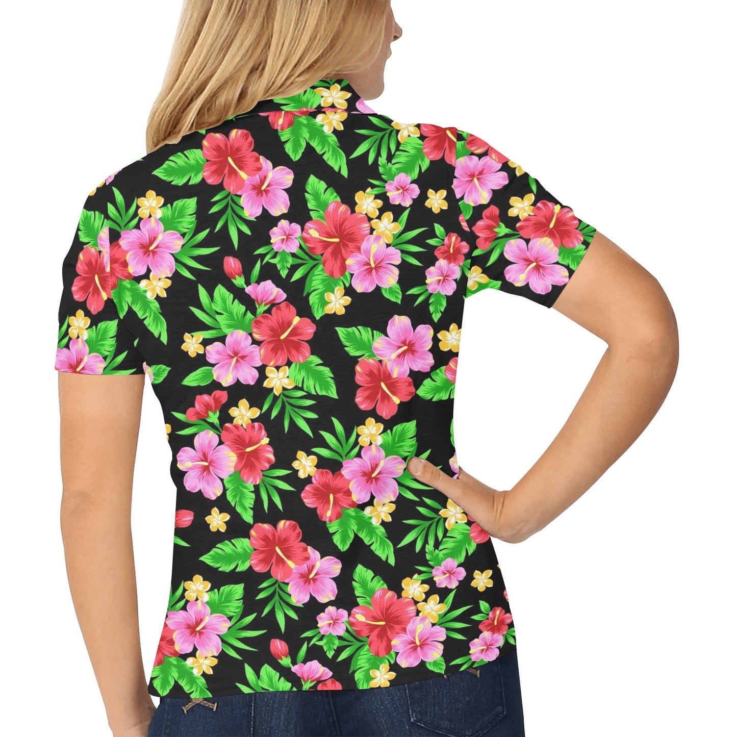 Pink Red Hibiscus Pattern Print Design HB023 Women's Polo Shirt