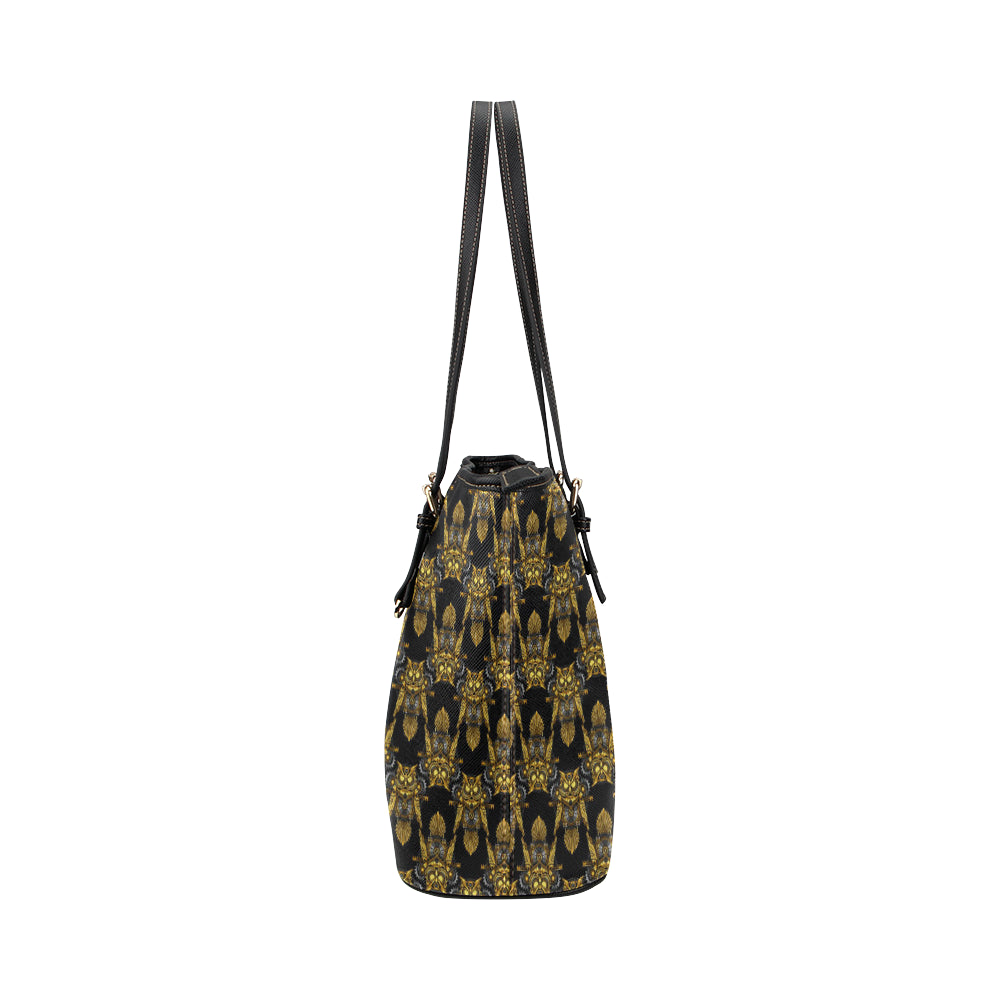 Steampunk Gold Owl Design Themed Print Leather Tote Bag