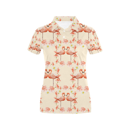 Flamingo Hibiscus Print Pattern Women's Polo Shirt