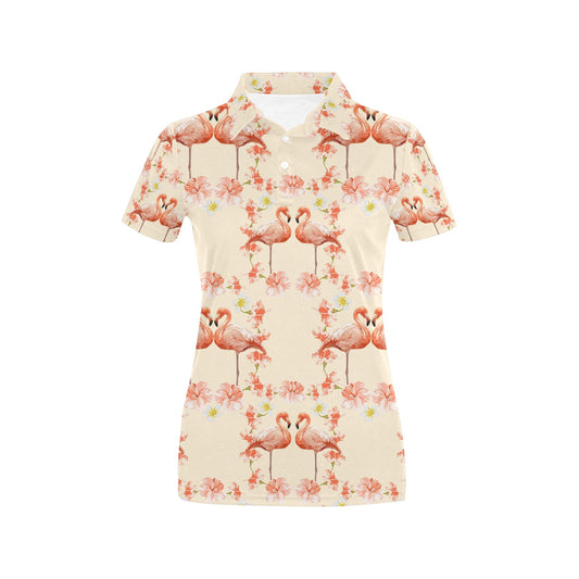 Flamingo Hibiscus Print Pattern Women's Polo Shirt