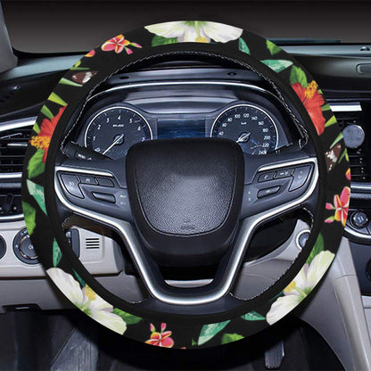 Hibiscus With Butterfly Print Design LKS305 Steering Wheel Cover with Elastic Edge