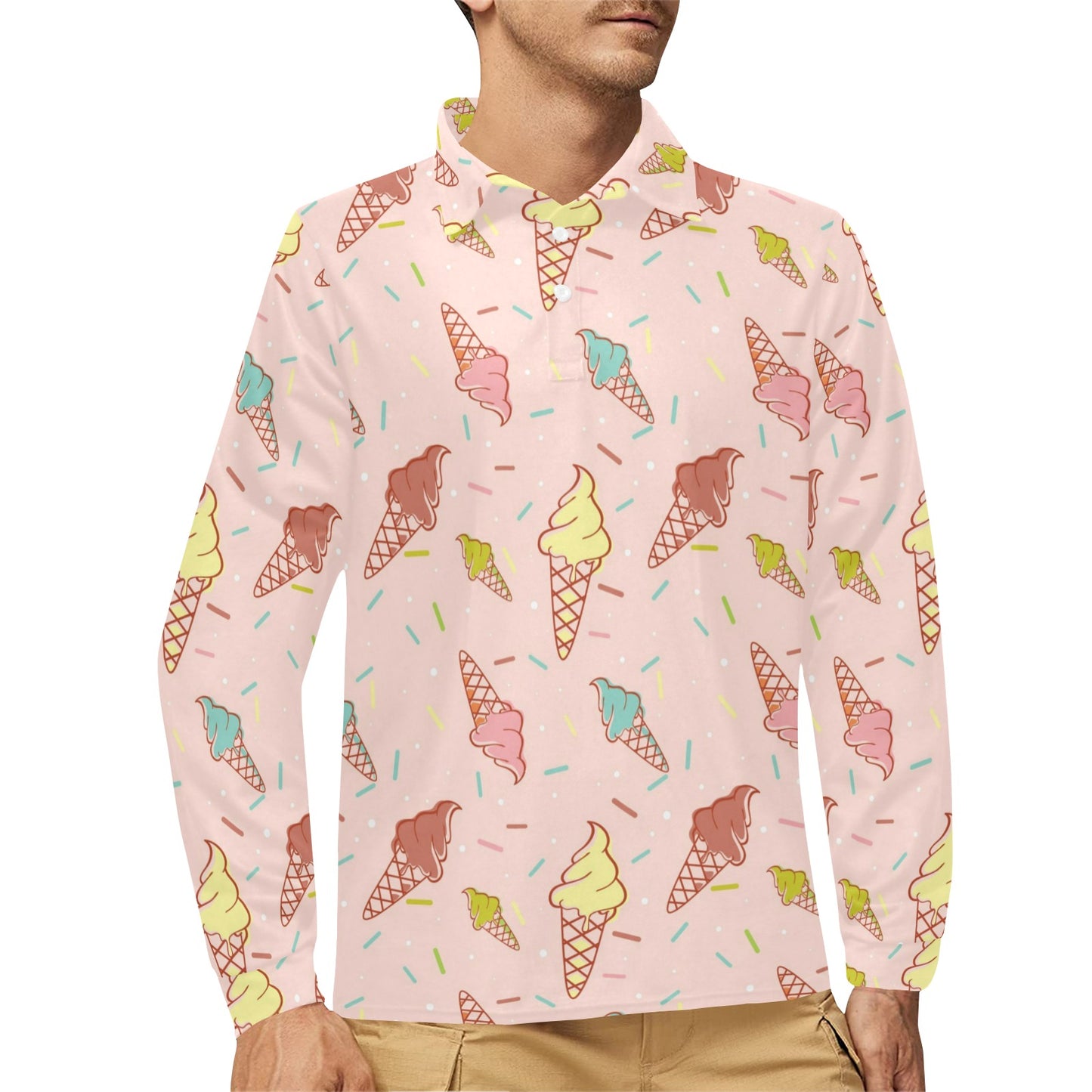 Ice Cream Pattern Print Design 02 Long Sleeve Polo Shirt For Men's
