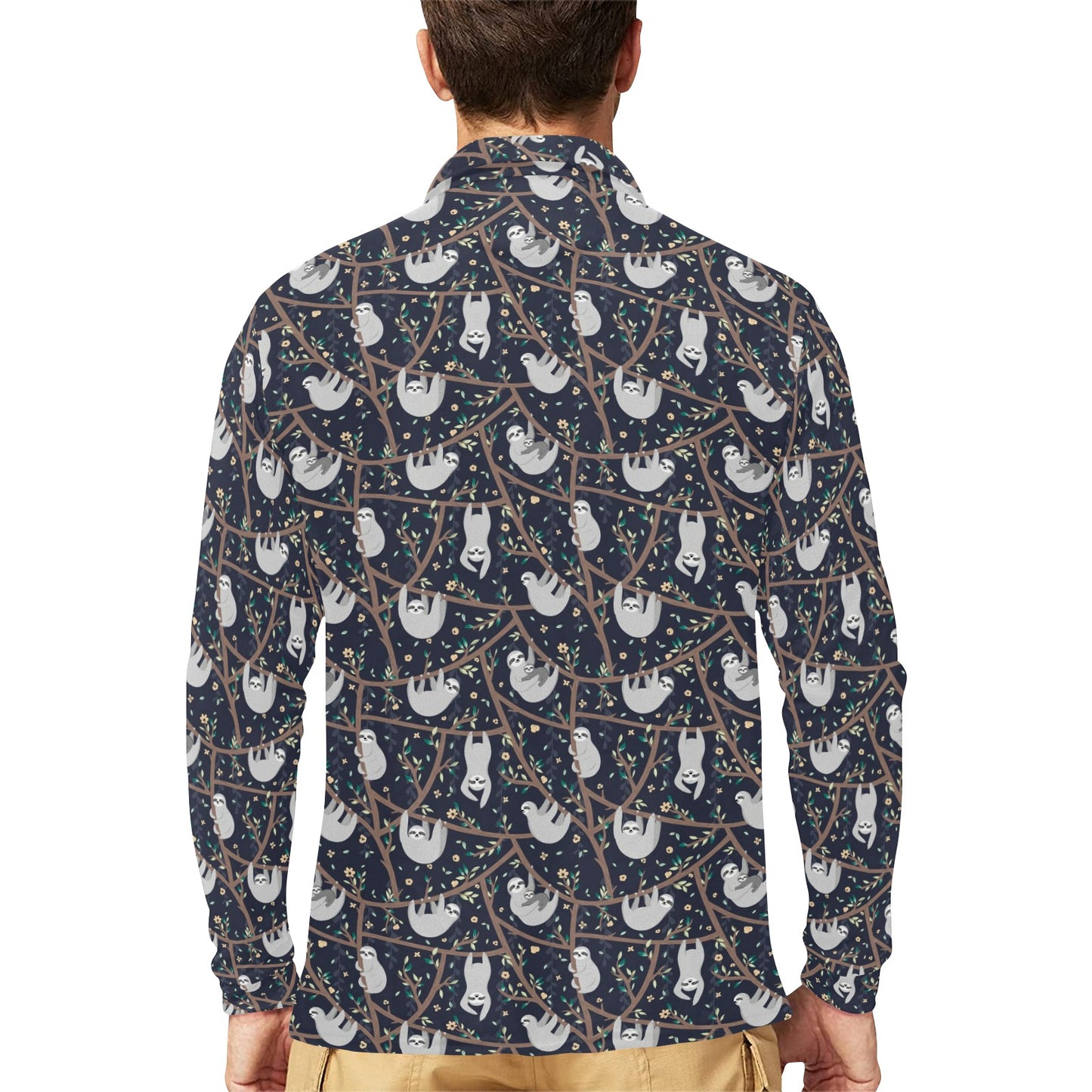 Sloth Happy Design Themed Print Long Sleeve Polo Shirt For Men's