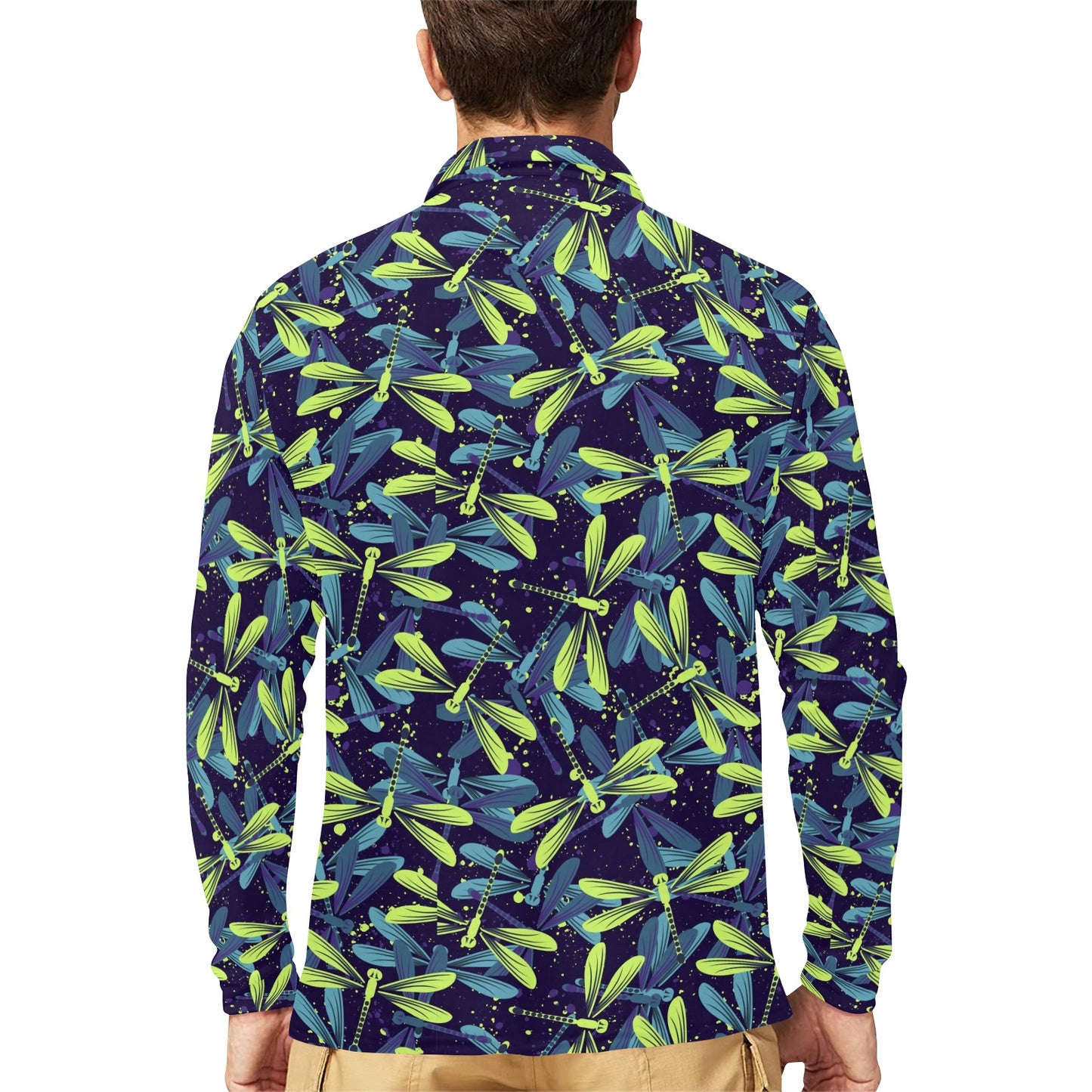 Dragonfly Lime Blue Print Pattern Long Sleeve Polo Shirt For Men's