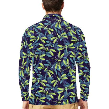 Dragonfly Lime Blue Print Pattern Long Sleeve Polo Shirt For Men's