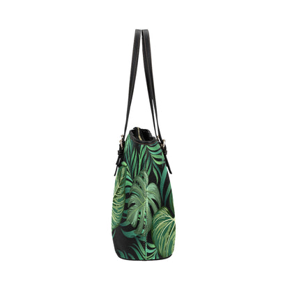 Green Fresh Tropical Palm Leaves Leather Tote Bag