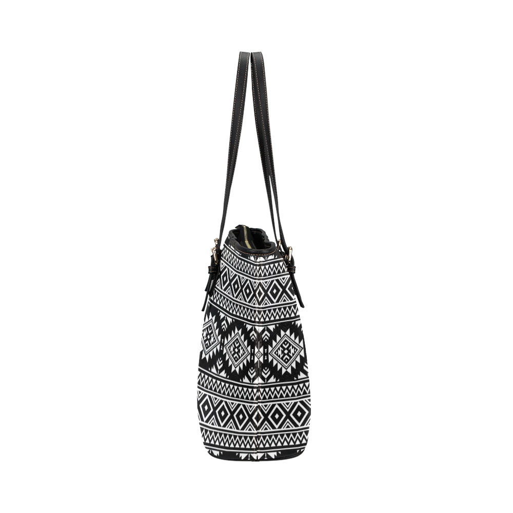 Aztec Black White Print Pattern Leather Tote Bag