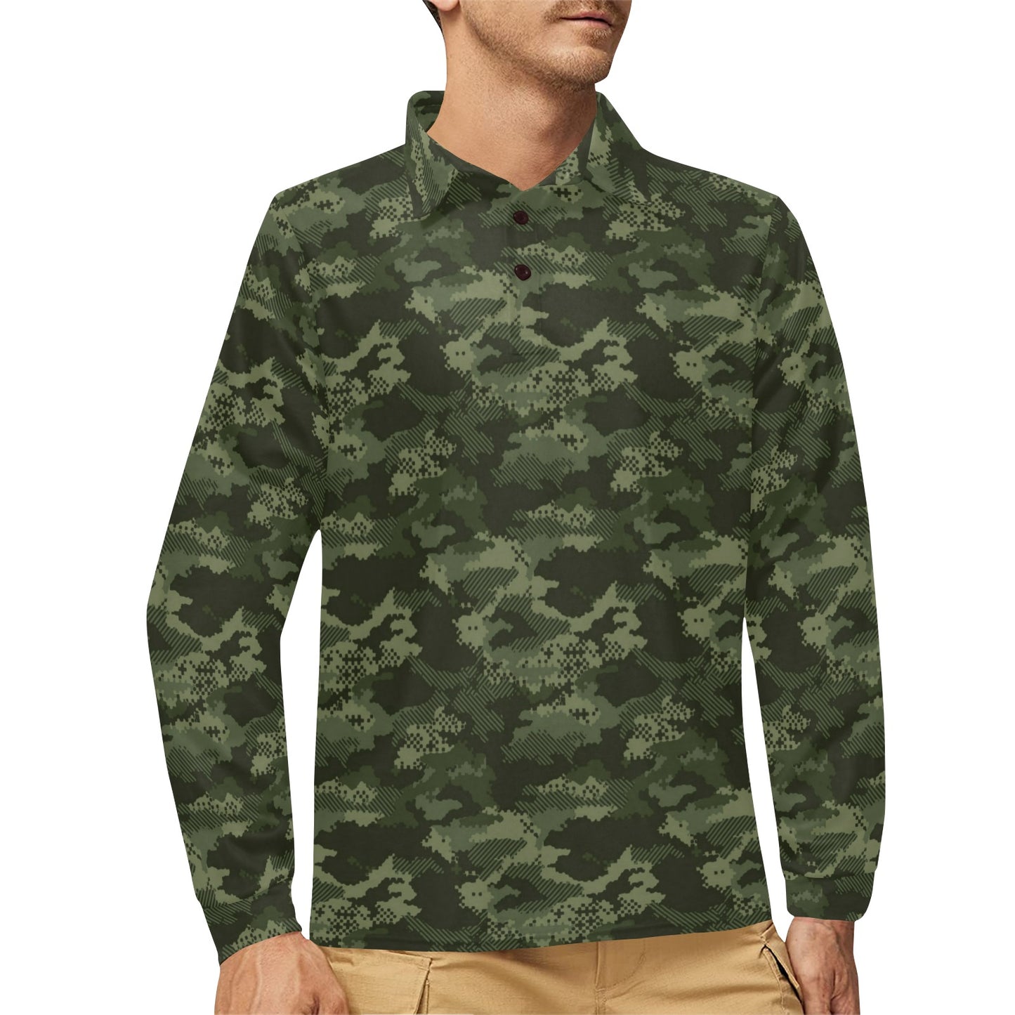 Army Camouflage Pattern Print Design 02 Long Sleeve Polo Shirt For Men's