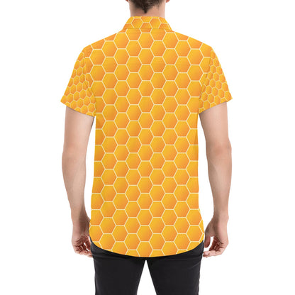 Honey Bee Honeycomb Print Design LKS3011 Men Short Sleeve Button Up Shirt