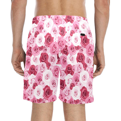 Pink Red Rose Pattern Print Men's Swim Trunks Beach Shorts