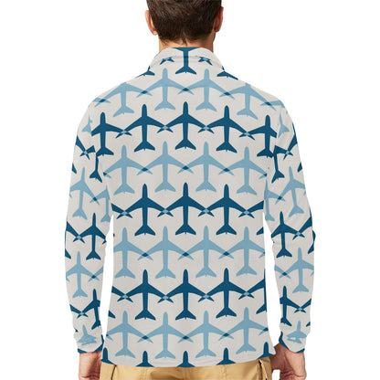 Airplane Pattern Print Design 04 Long Sleeve Polo Shirt For Men's