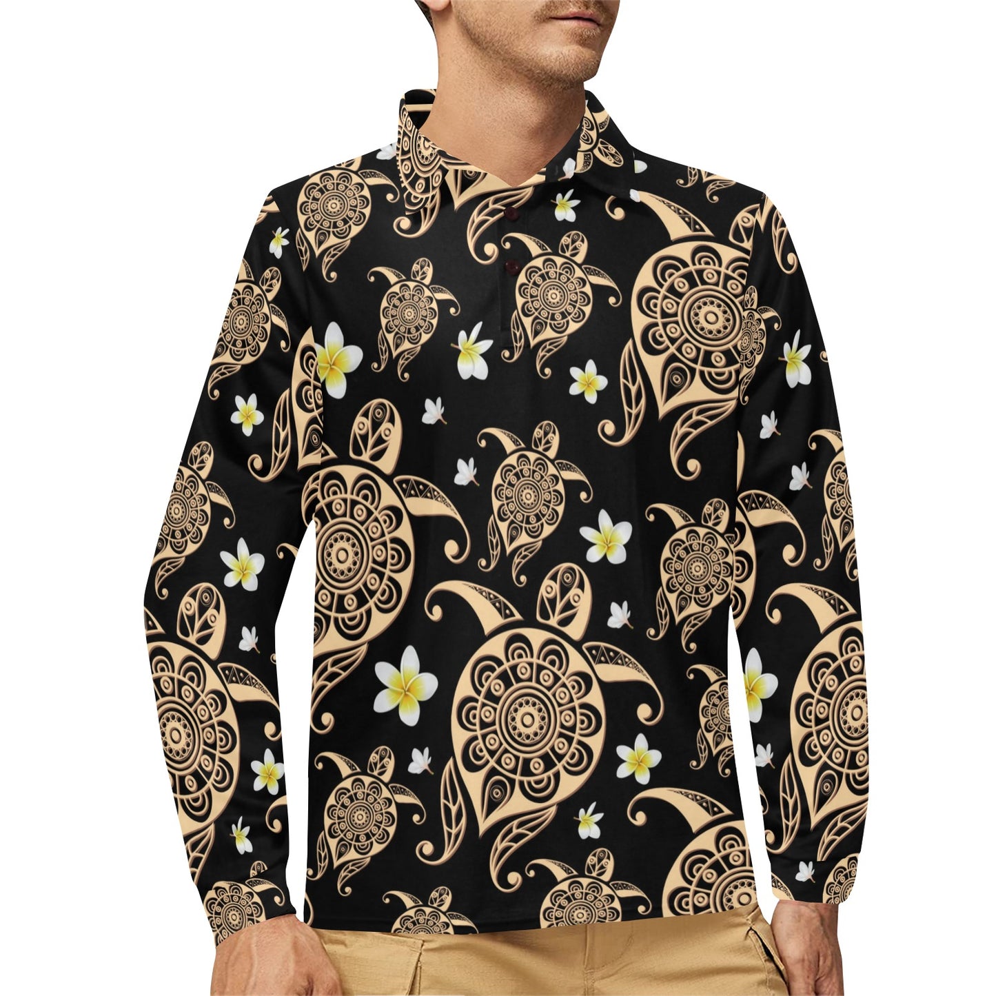 Turtle Polynesian Tribal Hawaiian Long Sleeve Polo Shirt For Men's