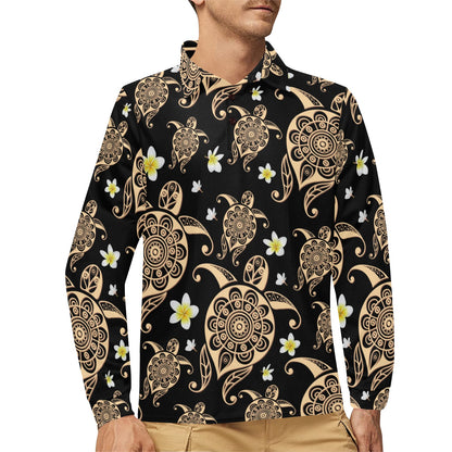 Turtle Polynesian Tribal Hawaiian Long Sleeve Polo Shirt For Men's