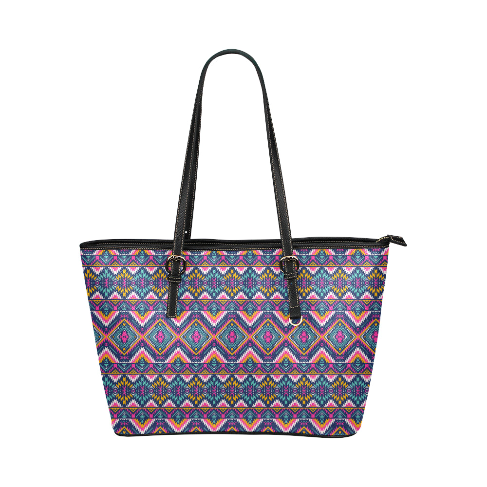 Indian Navajo Pink Themed Design Print Leather Tote Bag
